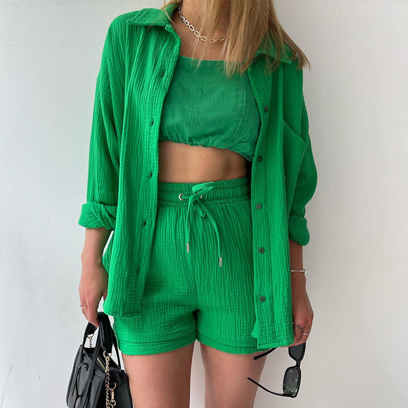 COTTON CRINKLE OVERSIZED BLOUSE AND SHORTS PLEATED SETS