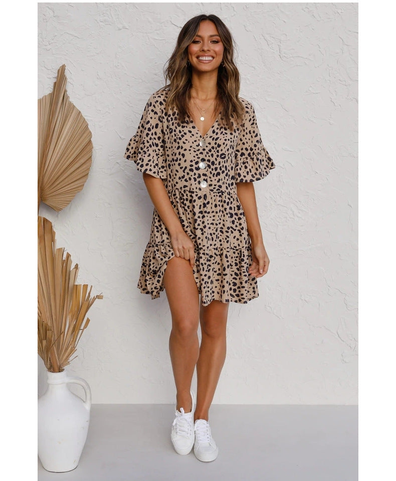 STARBELLA 2023 NEW WOMEN LEOPARD SHORTS SLEEVE DRESS