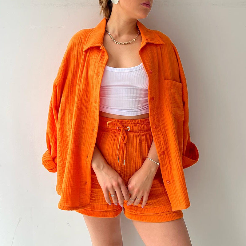 COTTON CRINKLE OVERSIZED BLOUSE AND SHORTS PLEATED SETS