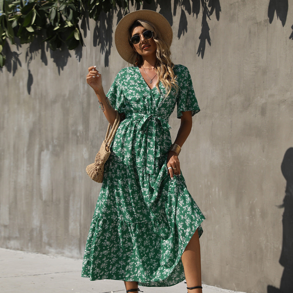 STARBELLA 2023 NEW WOMEN GREEN PRINTED SHORT SLEEVE DRESS