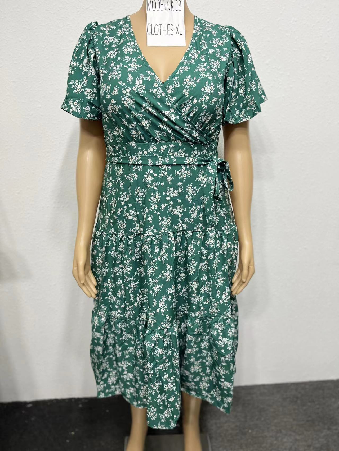 STARBELLA 2023 NEW WOMEN GREEN PRINTED SHORT SLEEVE DRESS