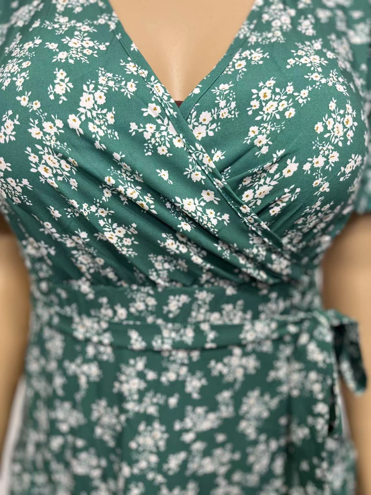 STARBELLA 2023 NEW WOMEN GREEN PRINTED SHORT SLEEVE DRESS