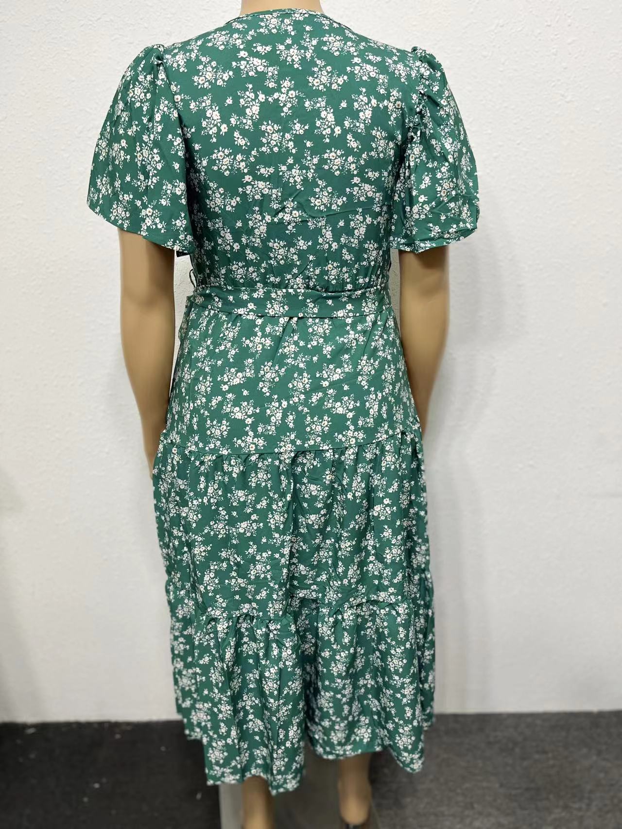 STARBELLA 2023 NEW WOMEN GREEN PRINTED SHORT SLEEVE DRESS