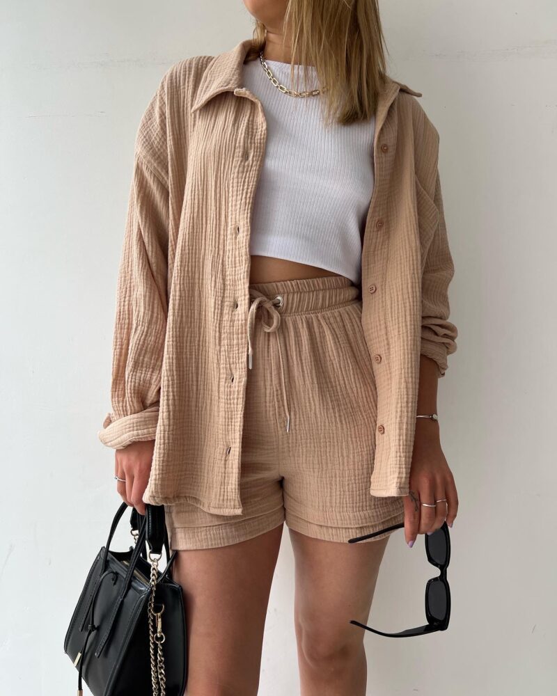 COTTON CRINKLE OVERSIZED BLOUSE AND SHORTS PLEATED SETS