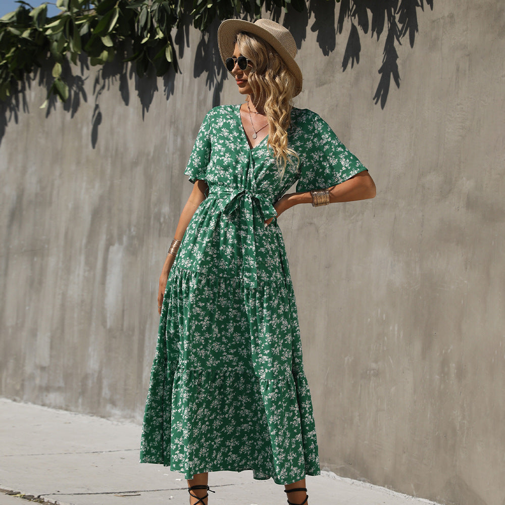 STARBELLA 2023 NEW WOMEN GREEN PRINTED SHORT SLEEVE DRESS