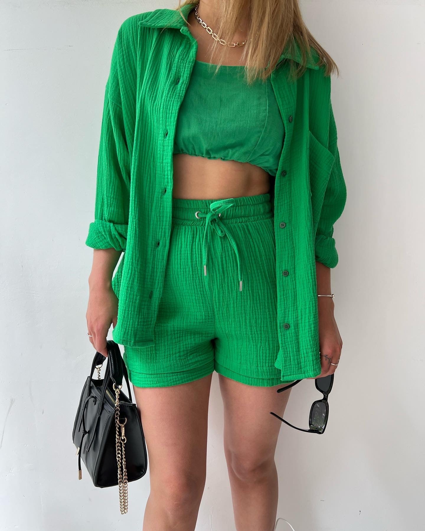 COTTON CRINKLE OVERSIZED BLOUSE AND SHORTS PLEATED SETS