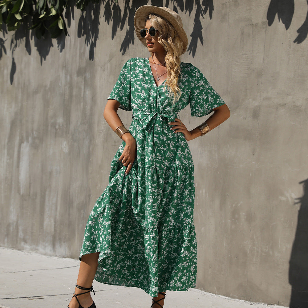 STARBELLA 2023 NEW WOMEN GREEN PRINTED SHORT SLEEVE DRESS