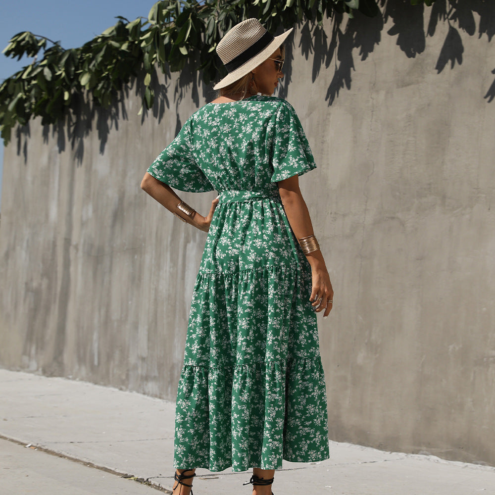STARBELLA 2023 NEW WOMEN GREEN PRINTED SHORT SLEEVE DRESS