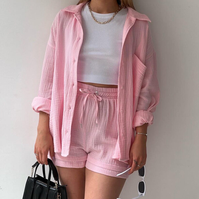 COTTON CRINKLE OVERSIZED BLOUSE AND SHORTS PLEATED SETS