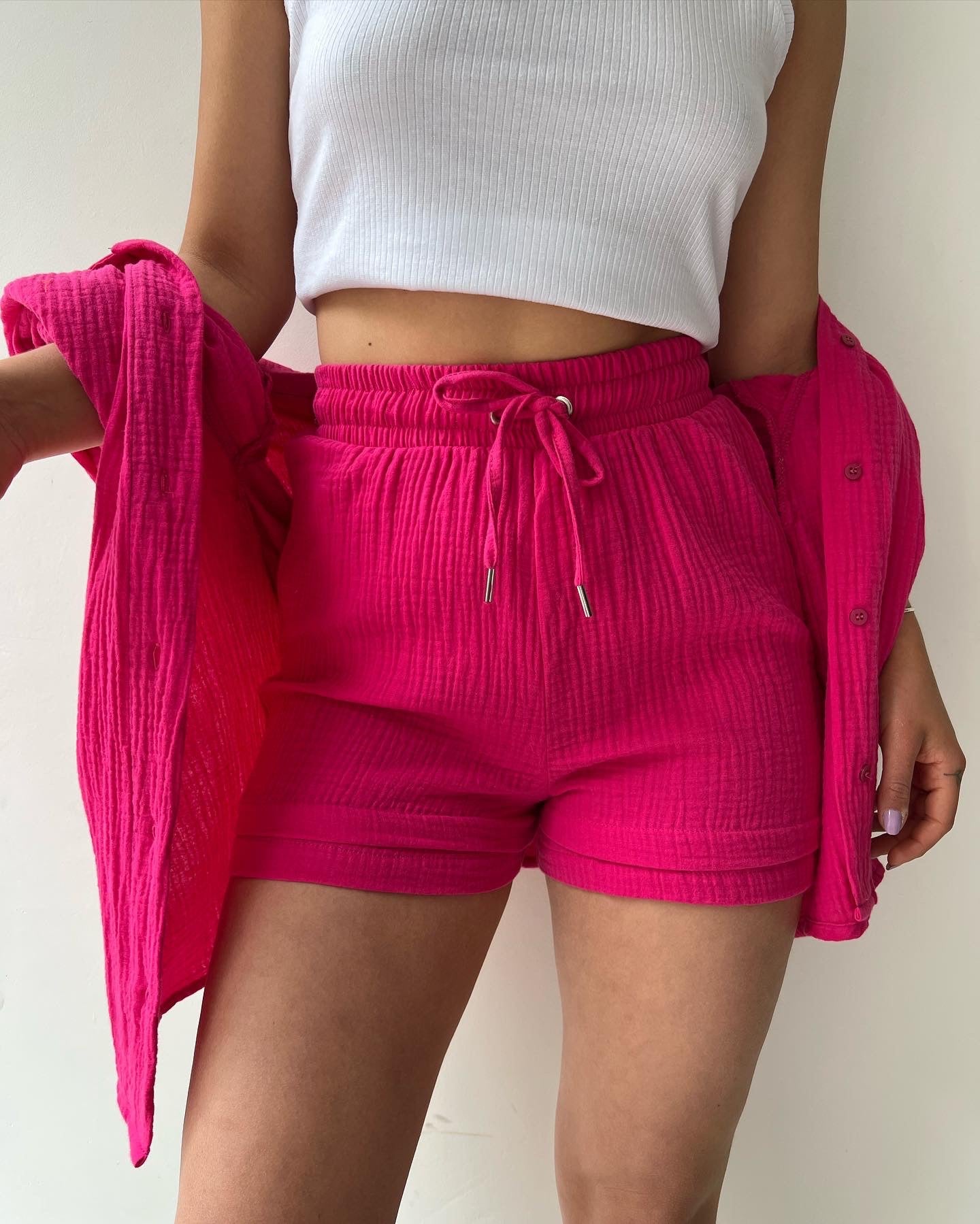 COTTON CRINKLE OVERSIZED BLOUSE AND SHORTS PLEATED SETS