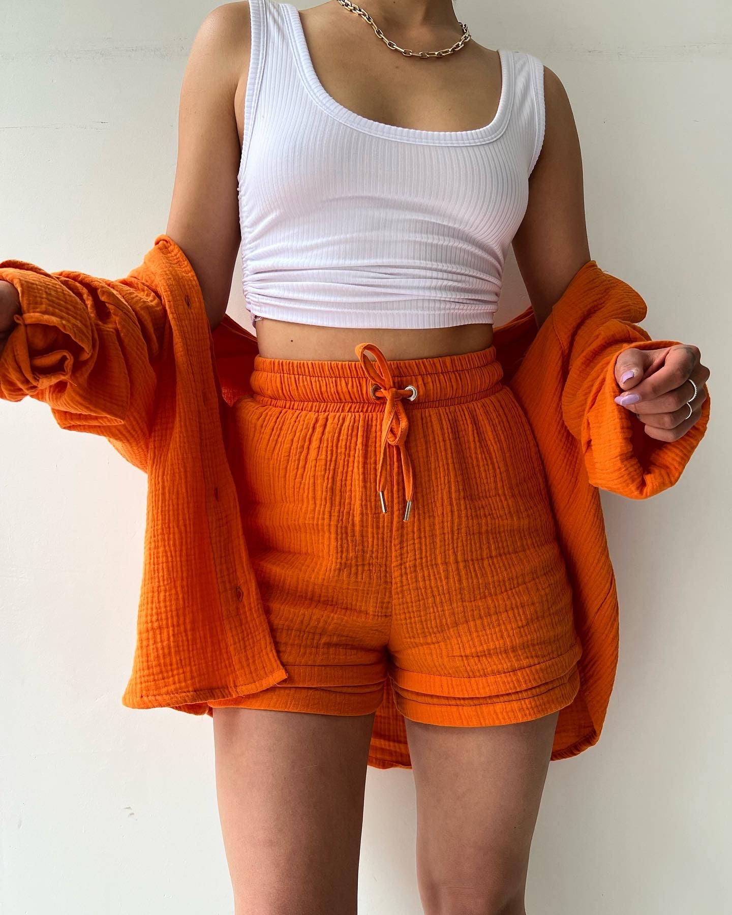 COTTON CRINKLE OVERSIZED BLOUSE AND SHORTS PLEATED SETS