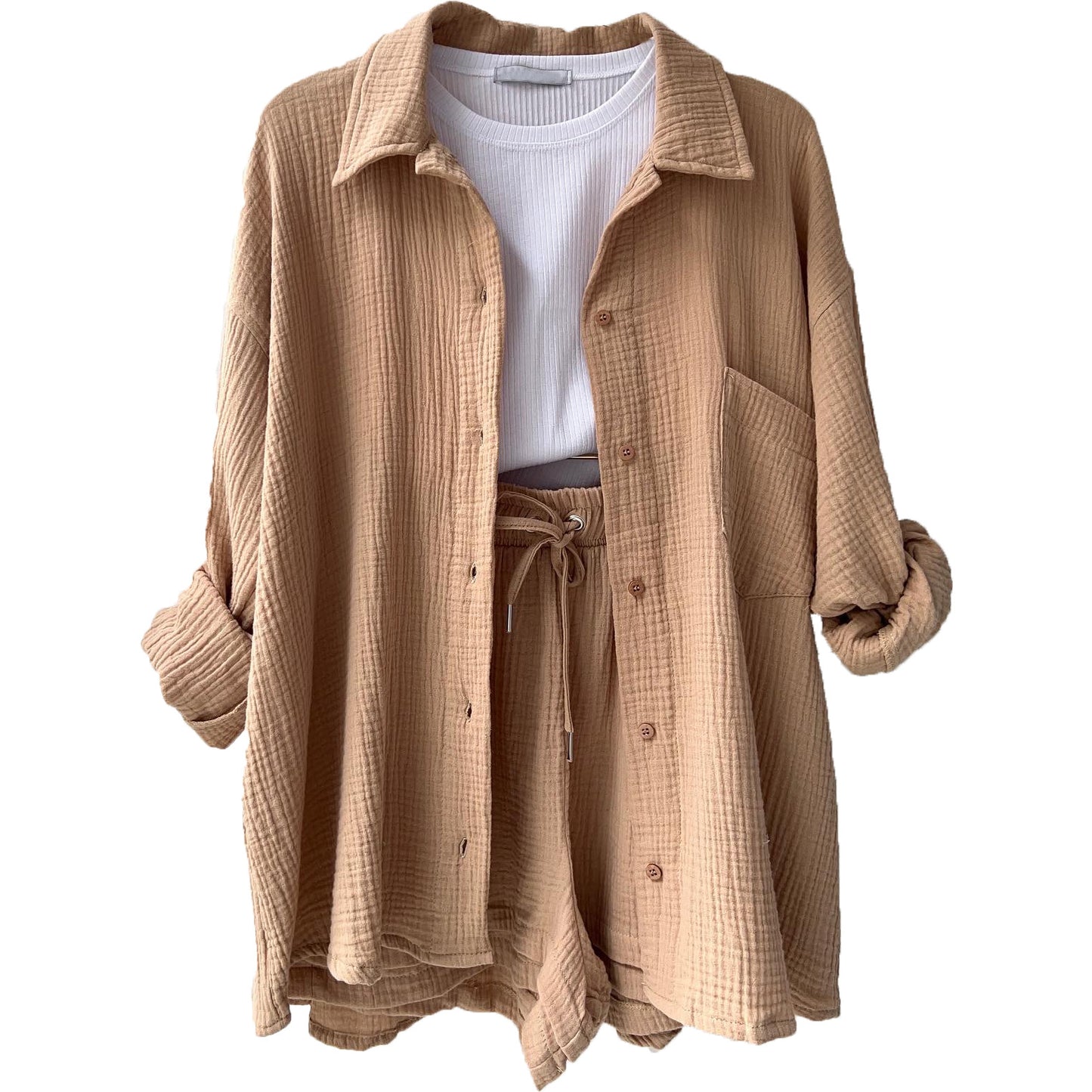 COTTON CRINKLE OVERSIZED BLOUSE AND SHORTS PLEATED SETS