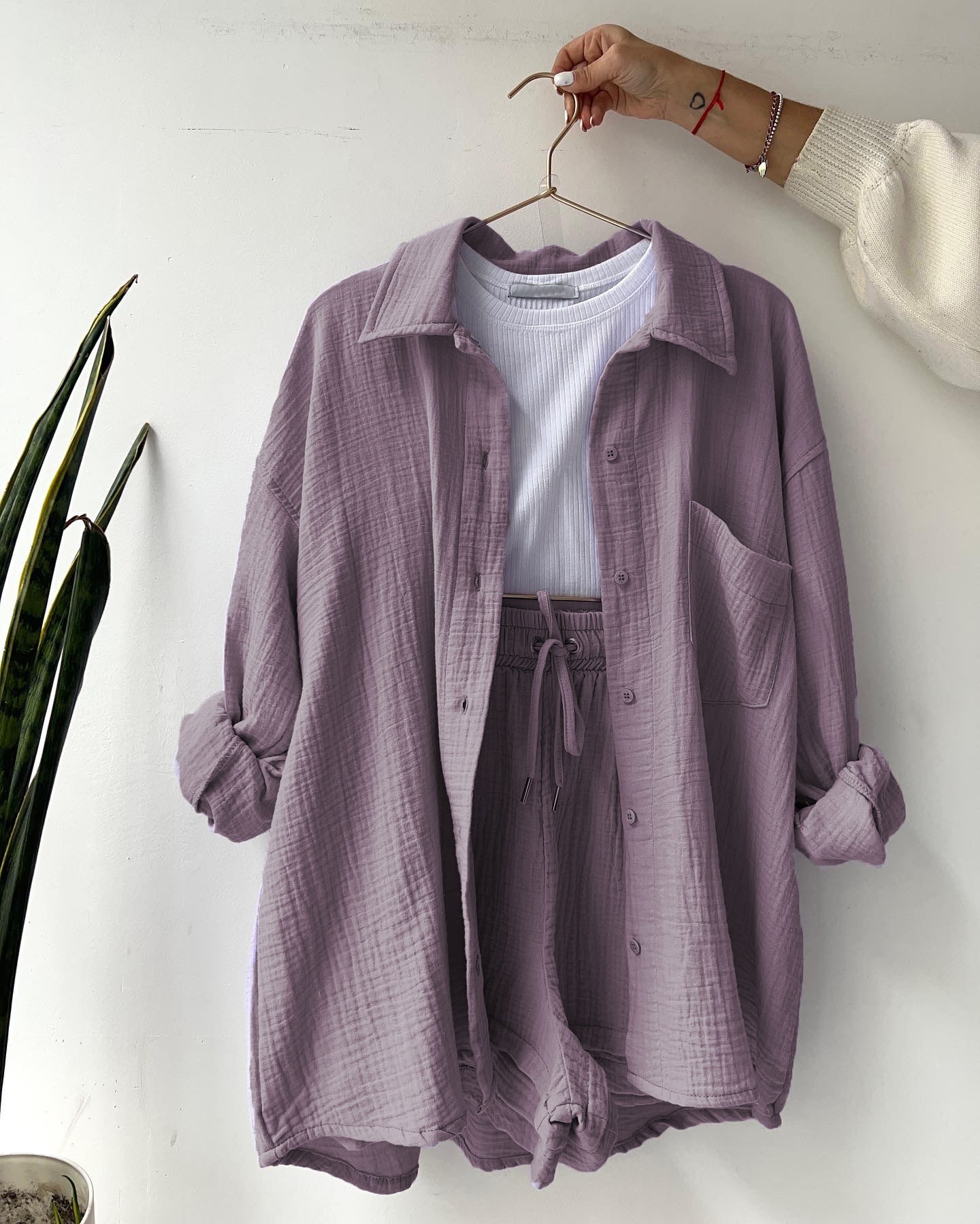 COTTON CRINKLE OVERSIZED BLOUSE AND SHORTS PLEATED SETS