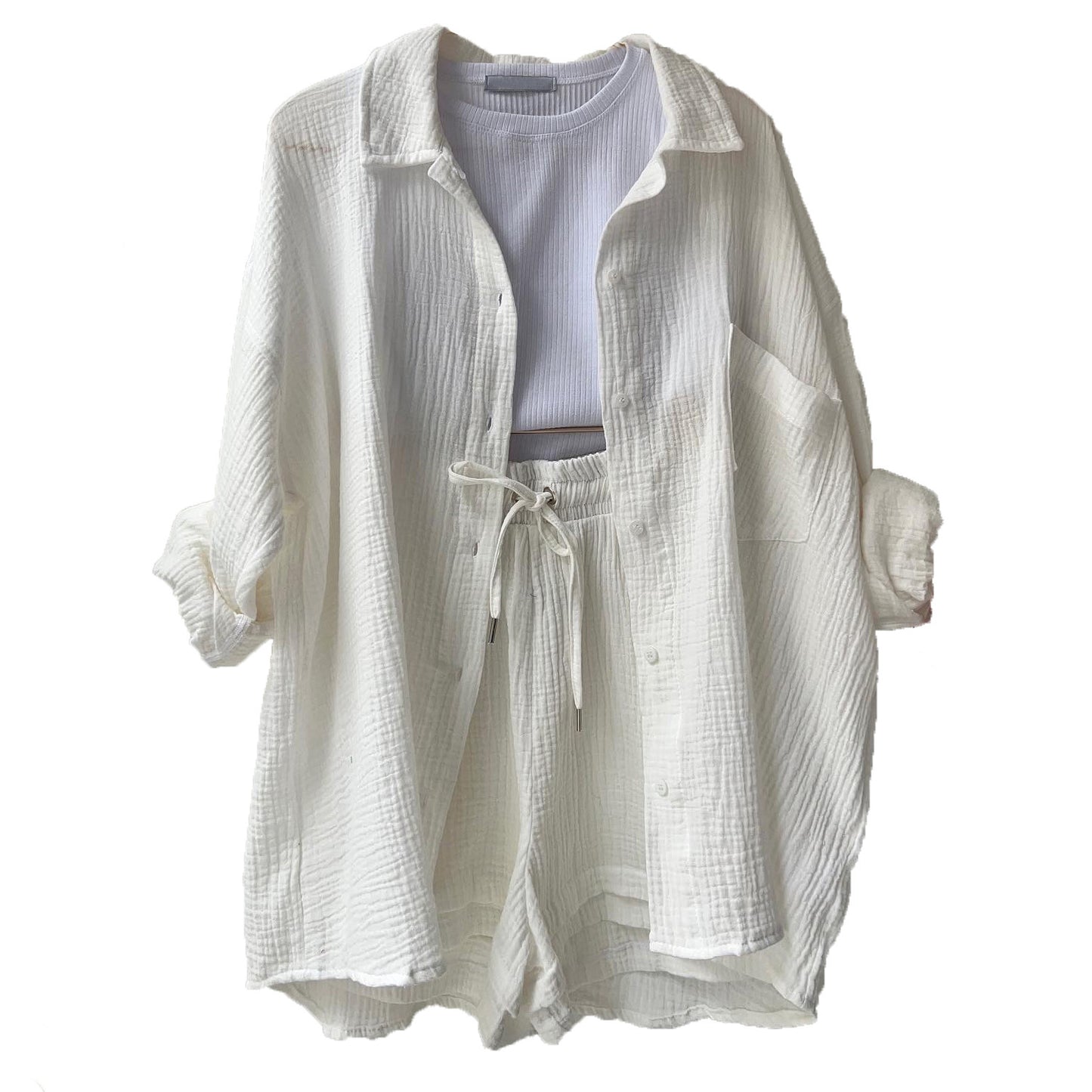 COTTON CRINKLE OVERSIZED BLOUSE AND SHORTS PLEATED SETS
