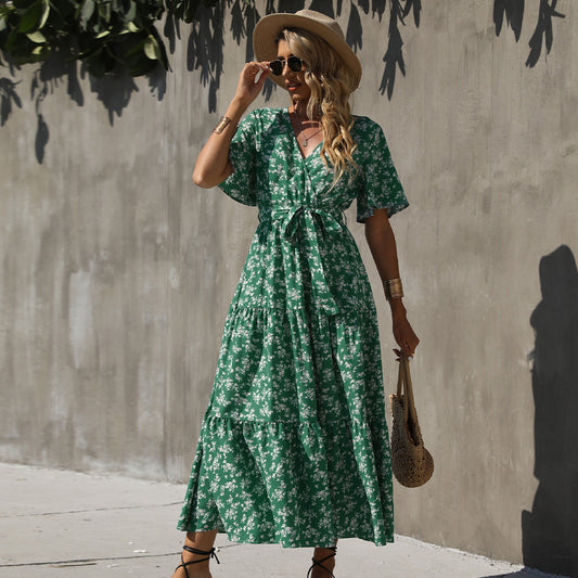 STARBELLA 2023 NEW WOMEN GREEN PRINTED SHORT SLEEVE DRESS