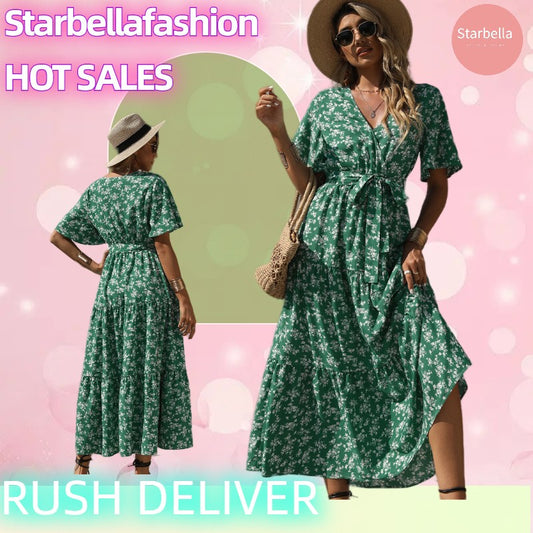 STARBELLA 2023 NEW WOMEN GREEN PRINTED SHORT SLEEVE DRESS
