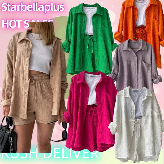 COTTON CRINKLE OVERSIZED BLOUSE AND SHORTS PLEATED SETS