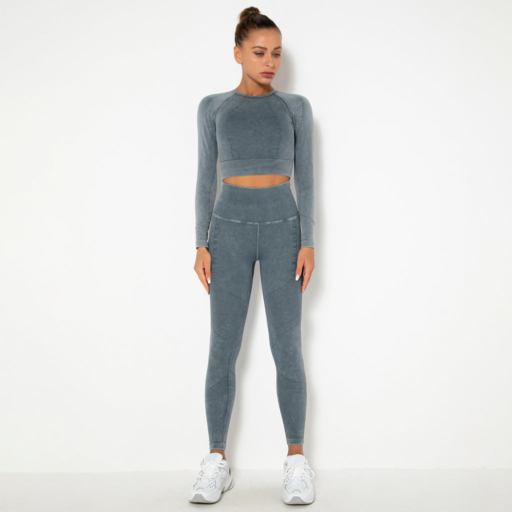 CHARCOAL SEAMLESS LONG SLEEVE RIB DETAIL SPORTS SETS