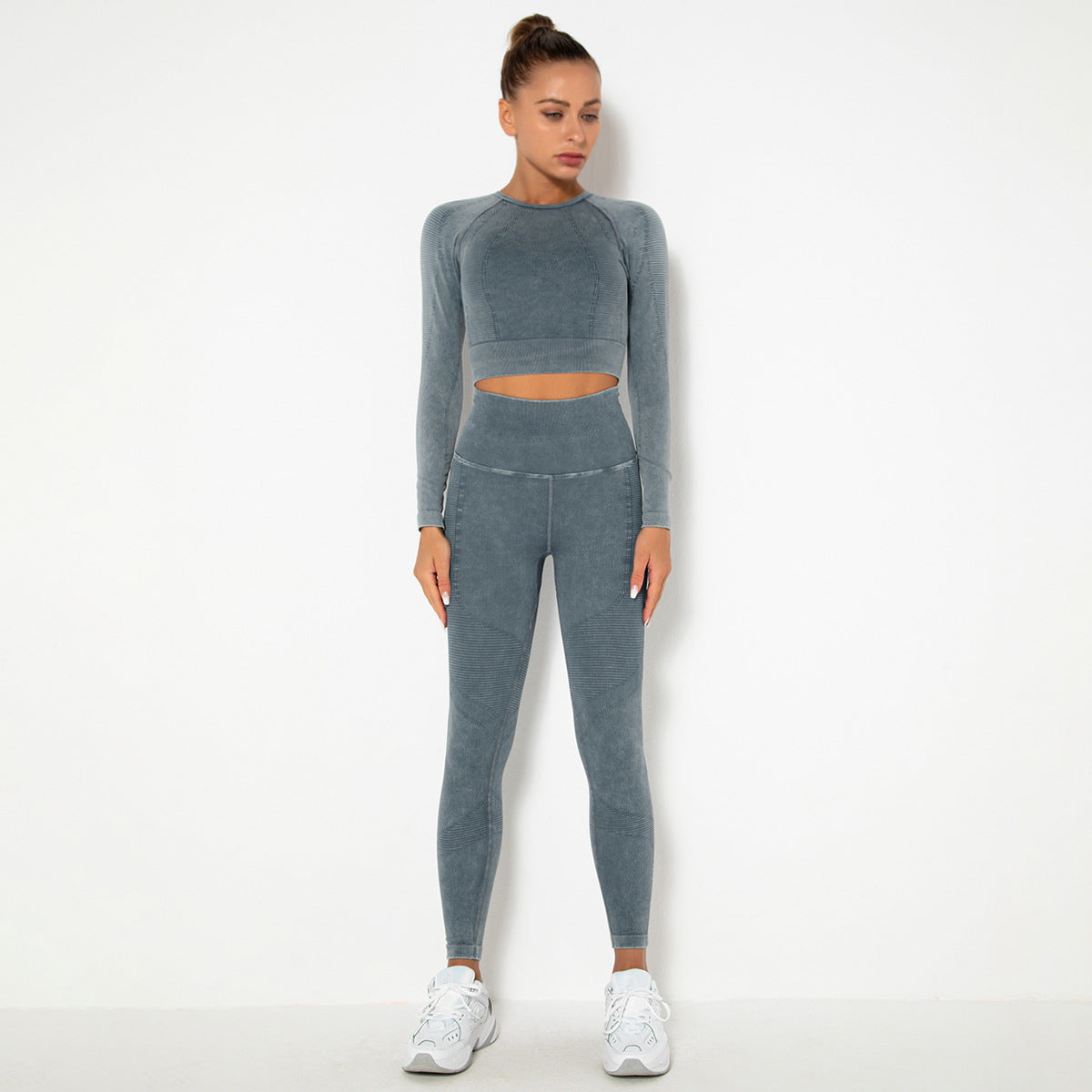 CHARCOAL SEAMLESS LONG SLEEVE RIB DETAIL SPORTS SETS
