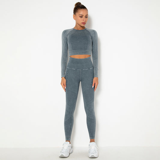 CHARCOAL SEAMLESS LONG SLEEVE RIB DETAIL SPORTS SETS
