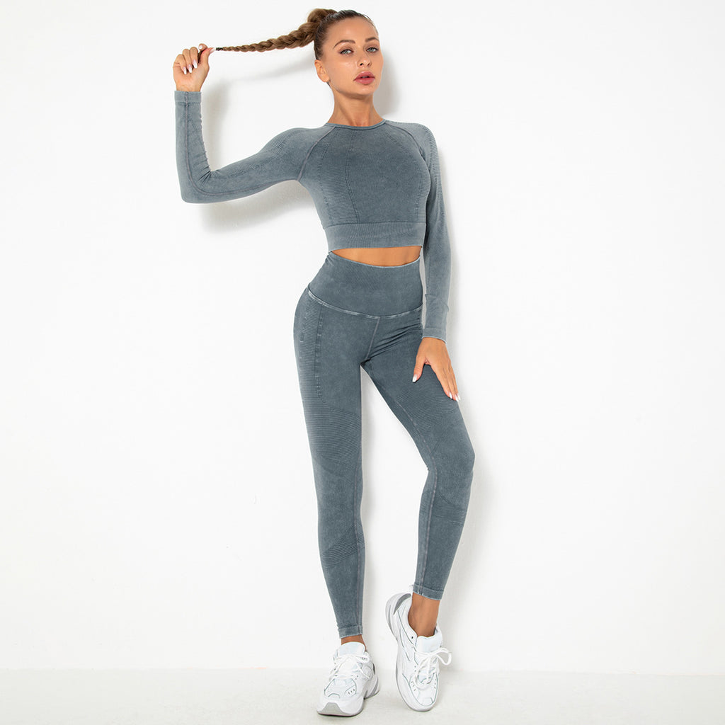 CHARCOAL SEAMLESS LONG SLEEVE RIB DETAIL SPORTS SETS