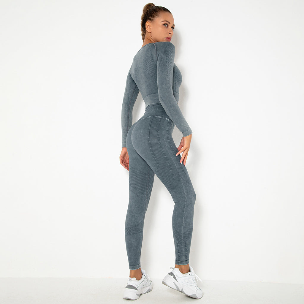 CHARCOAL SEAMLESS LONG SLEEVE RIB DETAIL SPORTS SETS