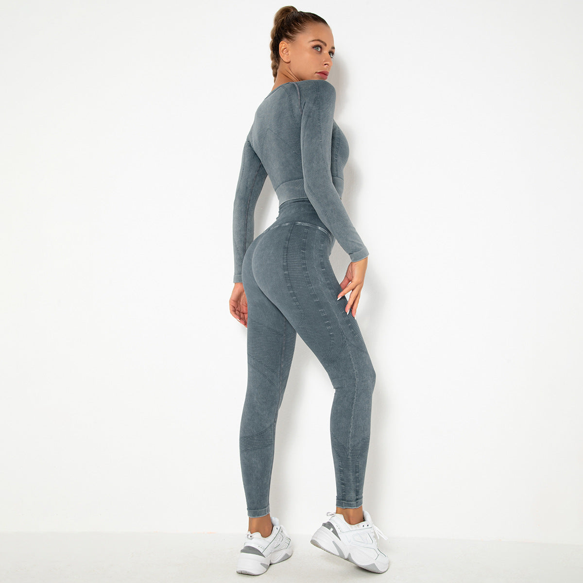 CHARCOAL SEAMLESS LONG SLEEVE RIB DETAIL SPORTS SETS