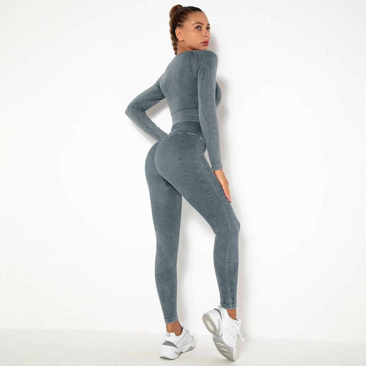 CHARCOAL SEAMLESS LONG SLEEVE RIB DETAIL SPORTS SETS
