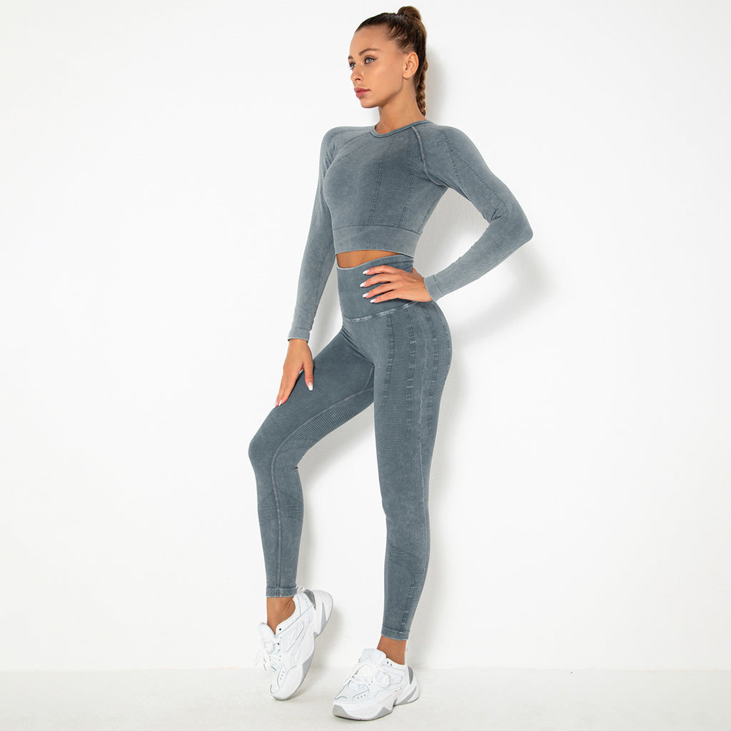 CHARCOAL SEAMLESS LONG SLEEVE RIB DETAIL SPORTS SETS