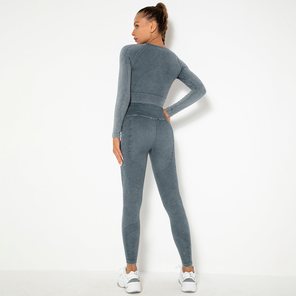 CHARCOAL SEAMLESS LONG SLEEVE RIB DETAIL SPORTS SETS