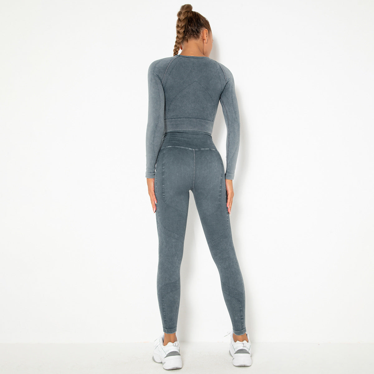 CHARCOAL SEAMLESS LONG SLEEVE RIB DETAIL SPORTS SETS