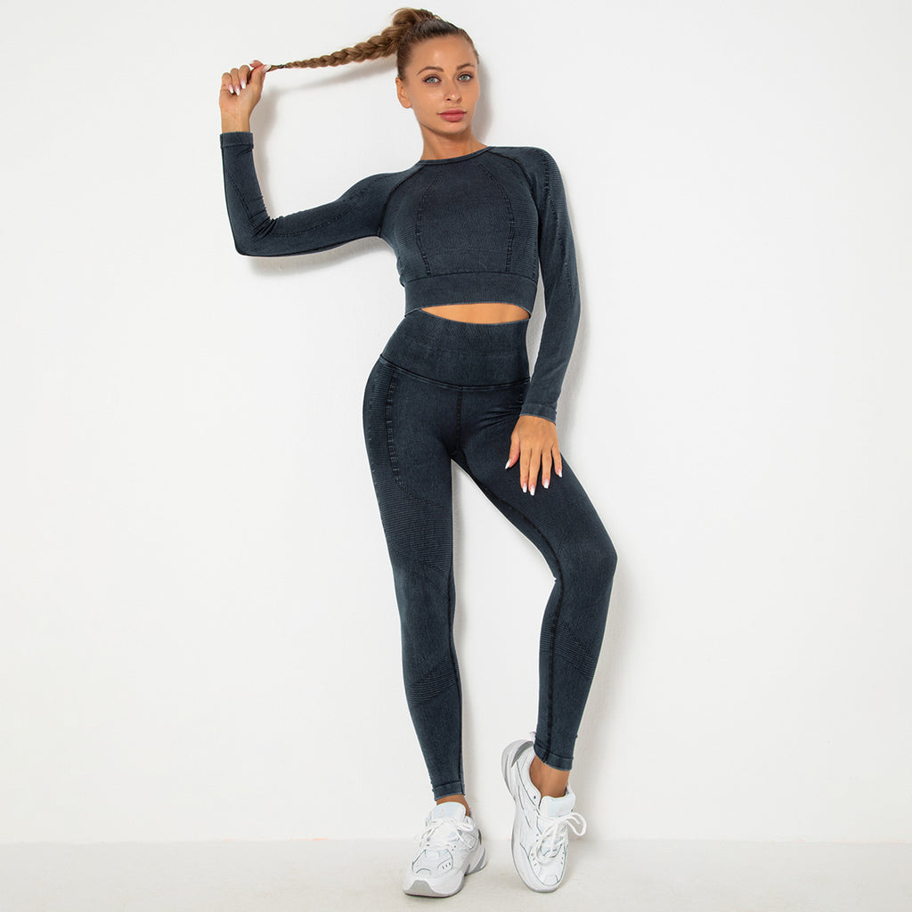 BLACK SEAMLESS LONG SLEEVE RIB DETAIL SPORTS SETS