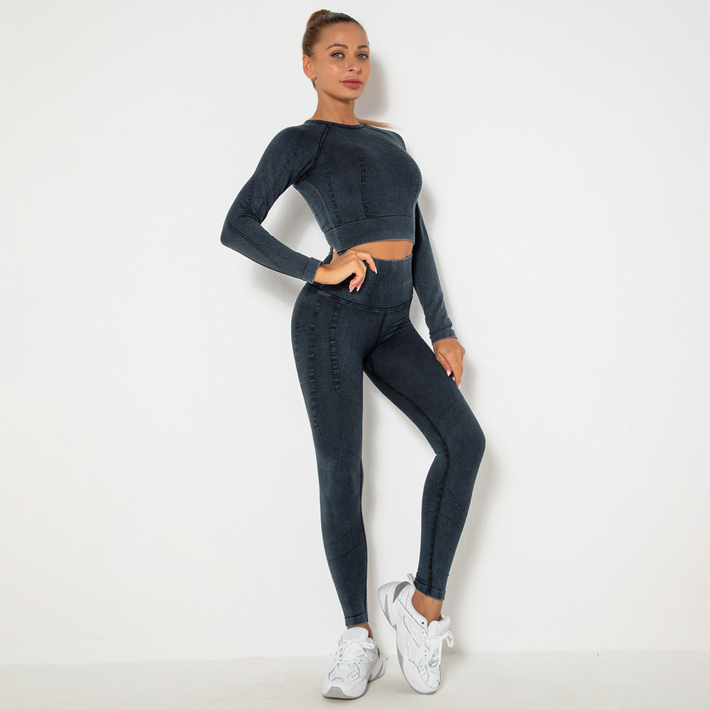 BLACK SEAMLESS LONG SLEEVE RIB DETAIL SPORTS SETS
