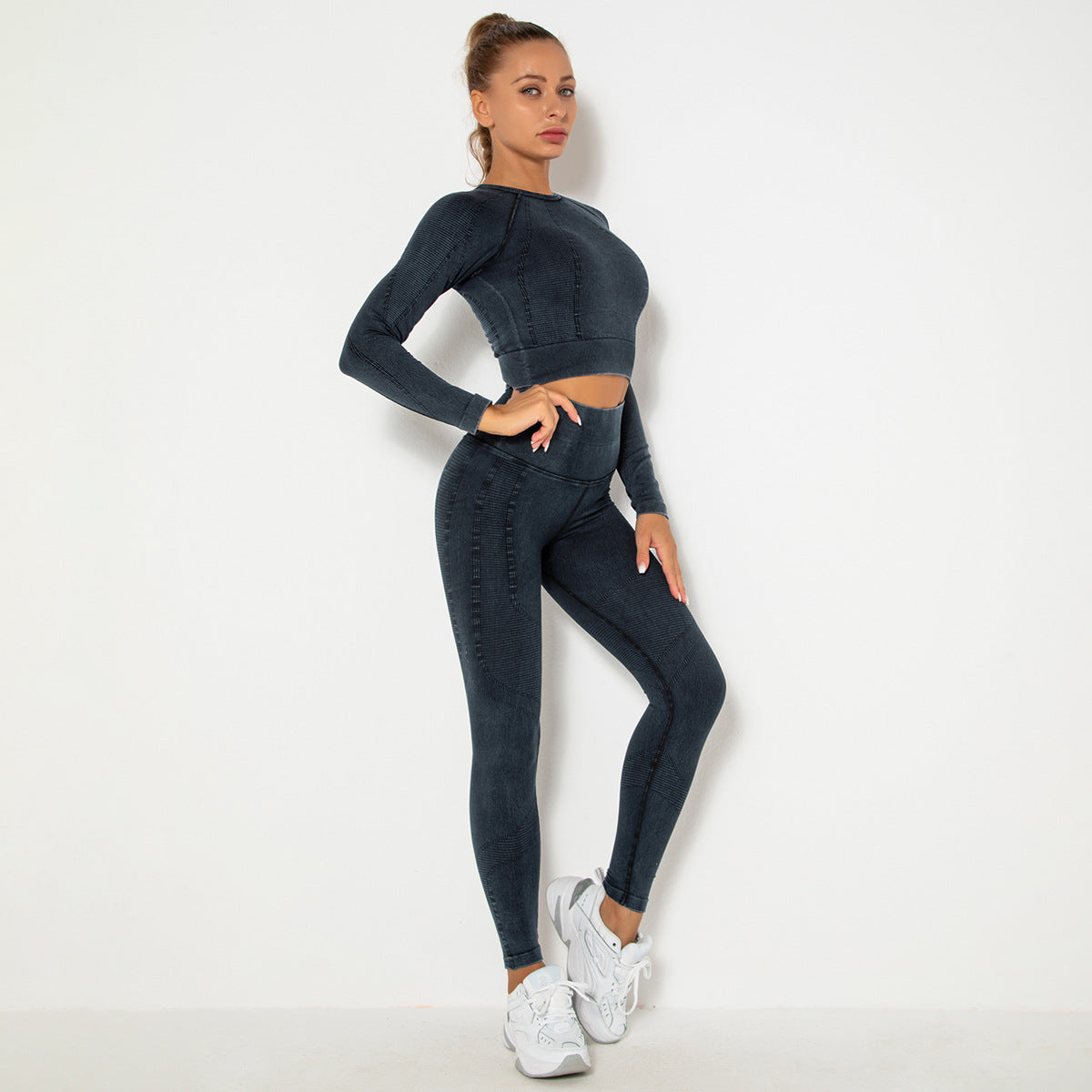 BLACK SEAMLESS LONG SLEEVE RIB DETAIL SPORTS SETS
