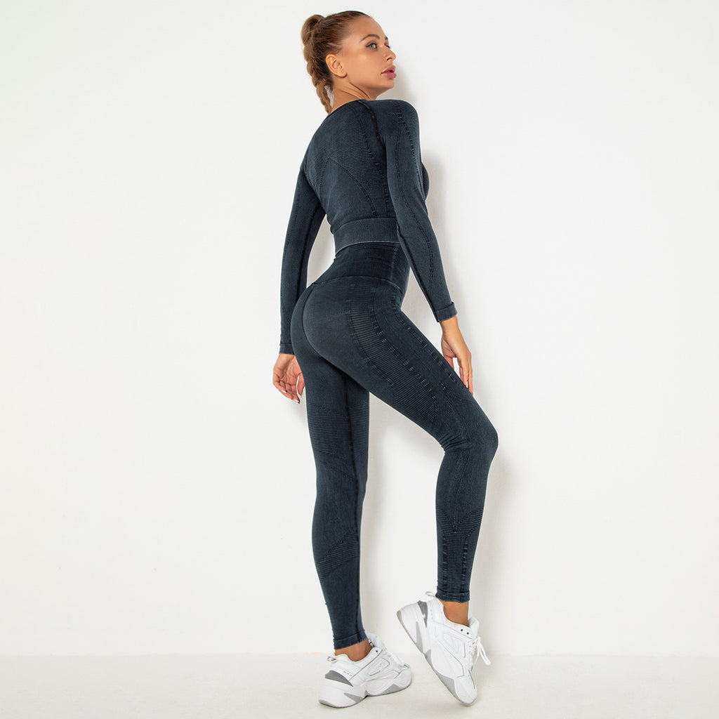 BLACK SEAMLESS LONG SLEEVE RIB DETAIL SPORTS SETS