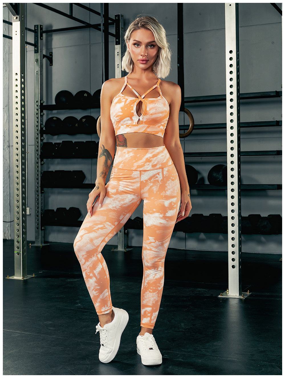 STARBELLA  PADDED TIE DYED RUCHED SPORTS BRA AND LEGGINGS SET