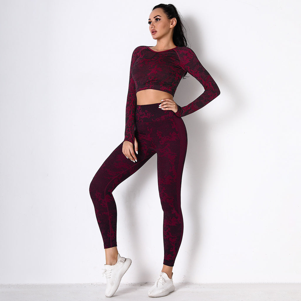 Burgundy Jungle fatigues Seam less Crop Top&Leggings Set