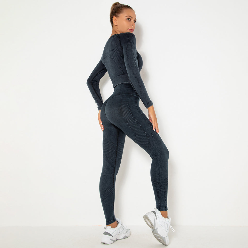 BLACK SEAMLESS LONG SLEEVE RIB DETAIL SPORTS SETS