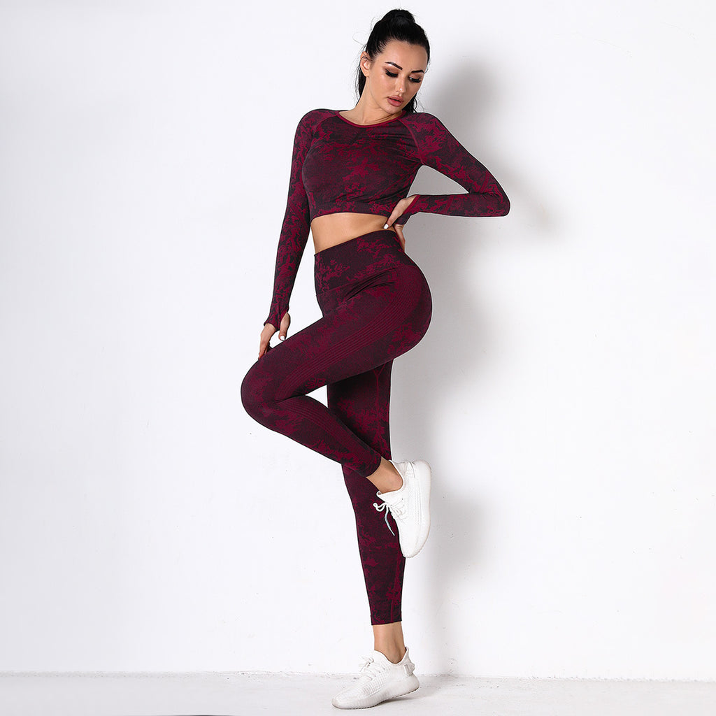 Burgundy Jungle fatigues Seam less Crop Top&Leggings Set