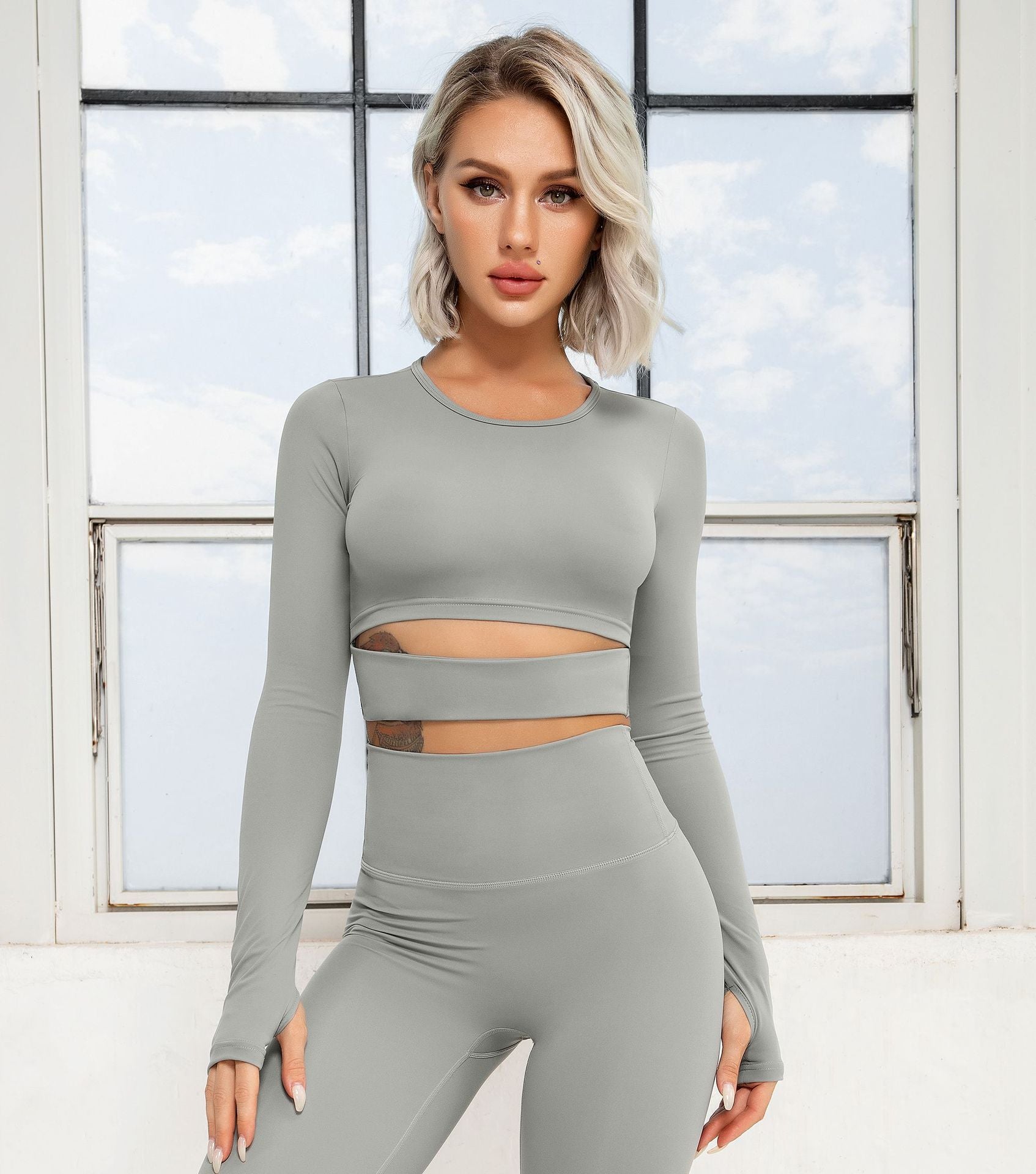 DIANA GUIDA SPORT SHOULDER WARMER CUF OFF BRUSHED SPORTS CROP TOP AND LEGGINGES