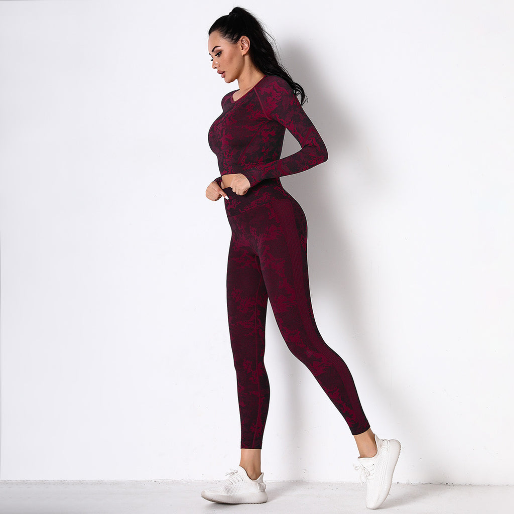 Burgundy Jungle fatigues Seam less Crop Top&Leggings Set