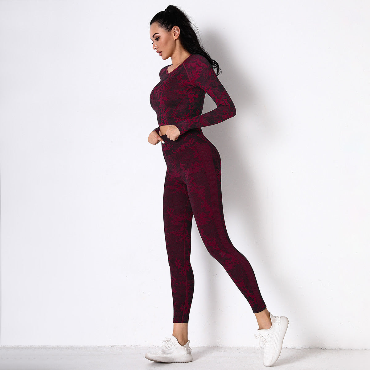 Burgundy Jungle fatigues Seam less Crop Top&Leggings Set