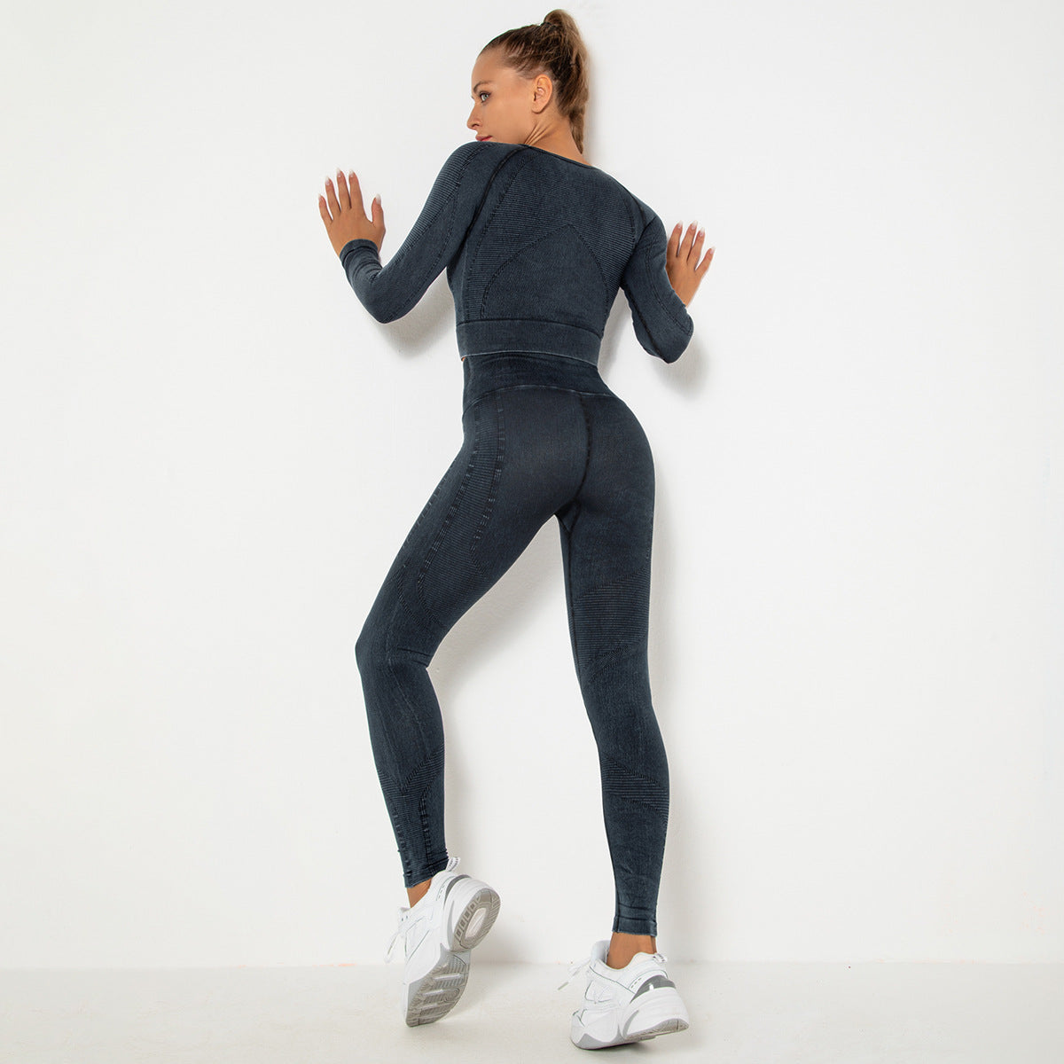 BLACK SEAMLESS LONG SLEEVE RIB DETAIL SPORTS SETS