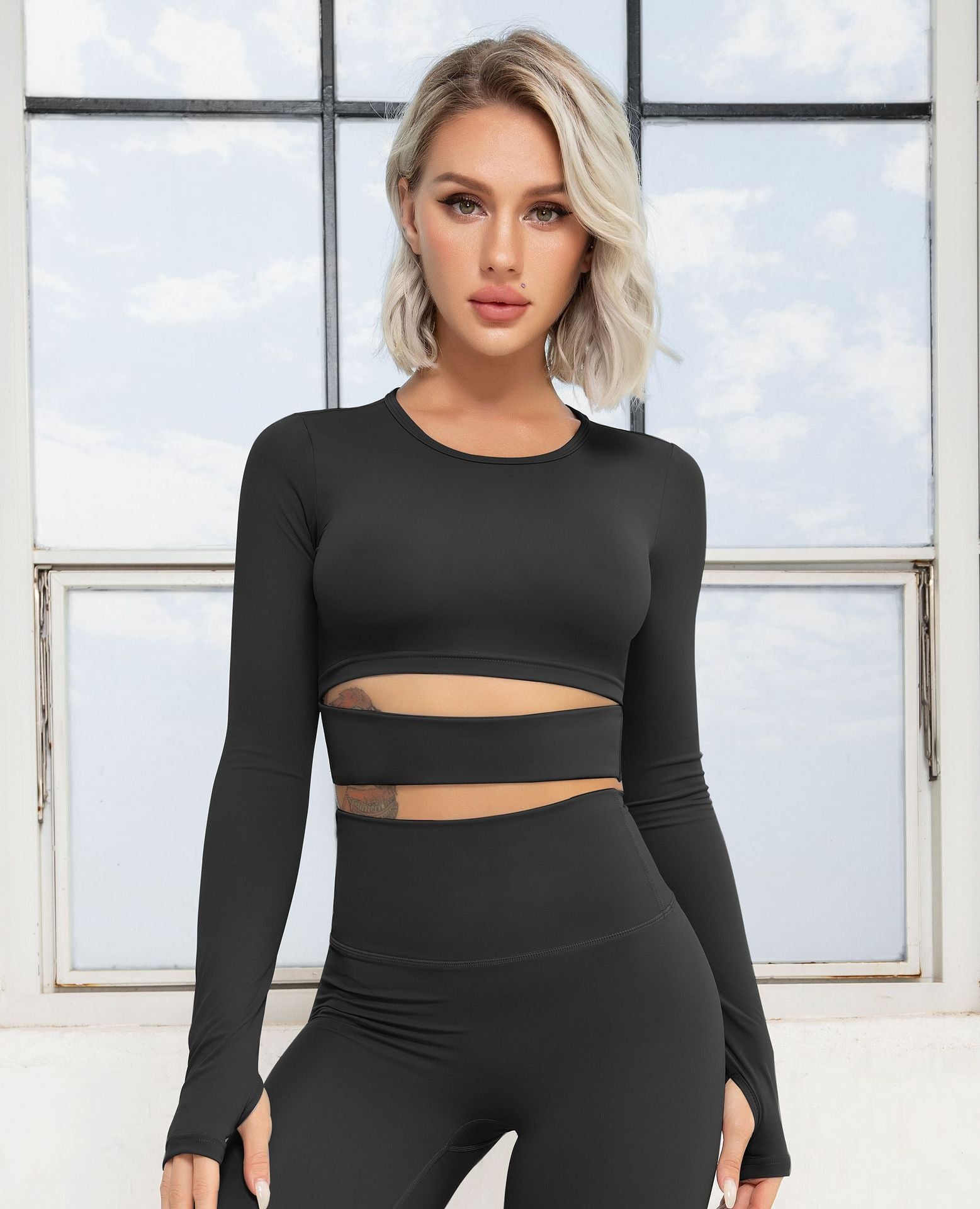 DIANA GUIDA SPORT SHOULDER WARMER CUF OFF BRUSHED SPORTS CROP TOP AND LEGGINGES