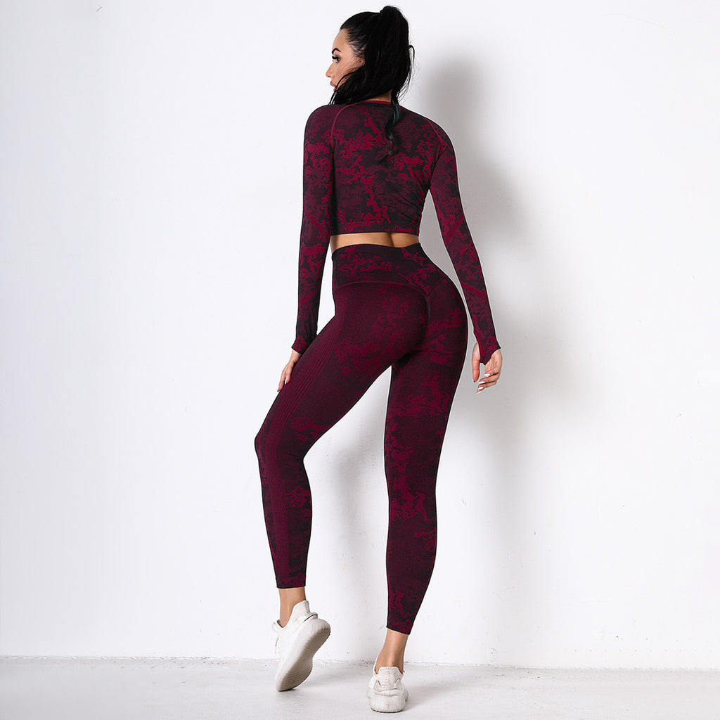 Burgundy Jungle fatigues Seam less Crop Top&Leggings Set