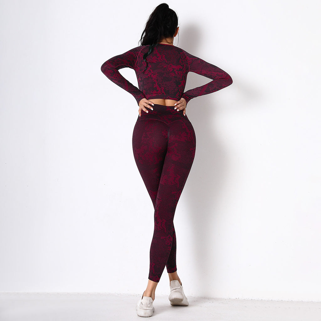 Burgundy Jungle fatigues Seam less Crop Top&Leggings Set