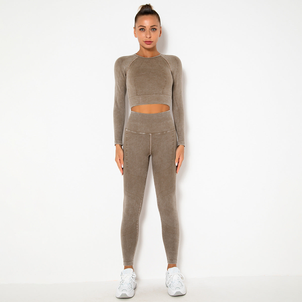 CAMEL SEAMLESS LONG SLEEVE RIB DETAIL SPORTS SETS