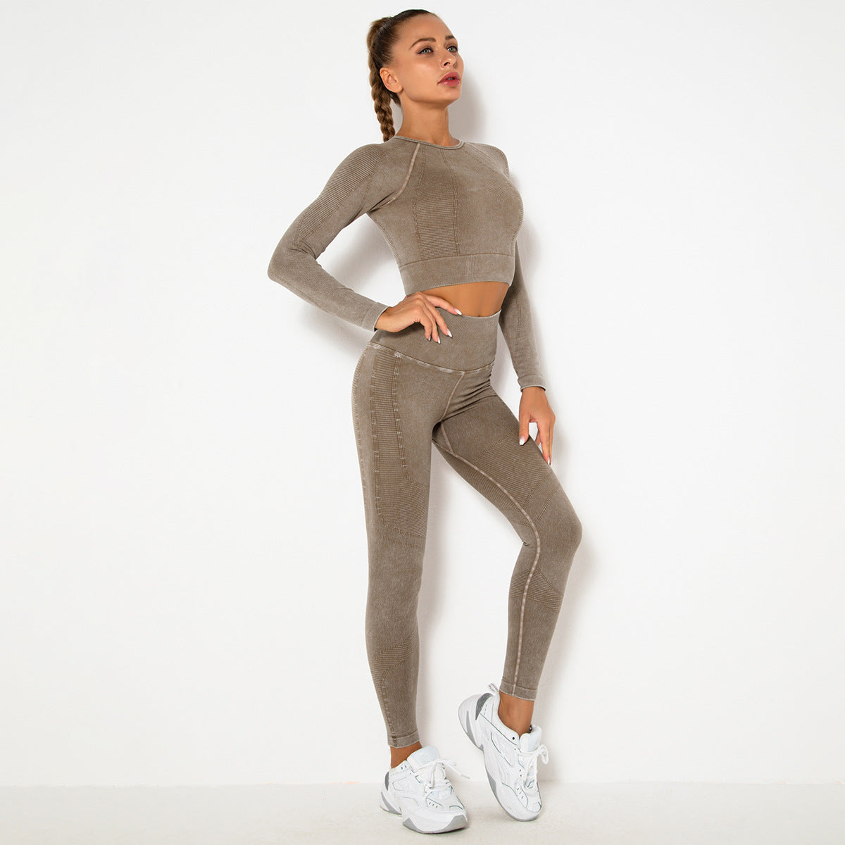 CAMEL SEAMLESS LONG SLEEVE RIB DETAIL SPORTS SETS