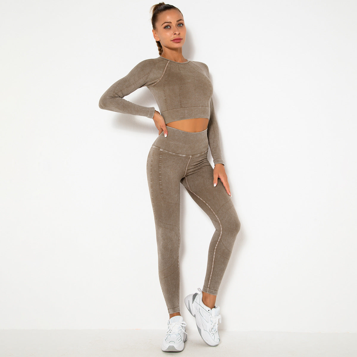 CAMEL SEAMLESS LONG SLEEVE RIB DETAIL SPORTS SETS