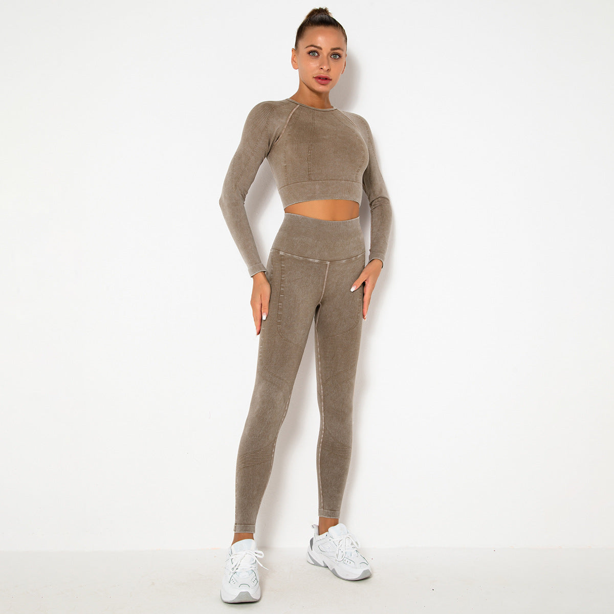 CAMEL SEAMLESS LONG SLEEVE RIB DETAIL SPORTS SETS